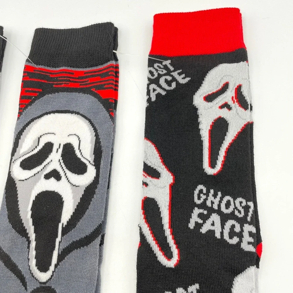 NEW Ghost Face Scream Crew Socks Lot 3 Pairs Fun World Horror Black Red Gray